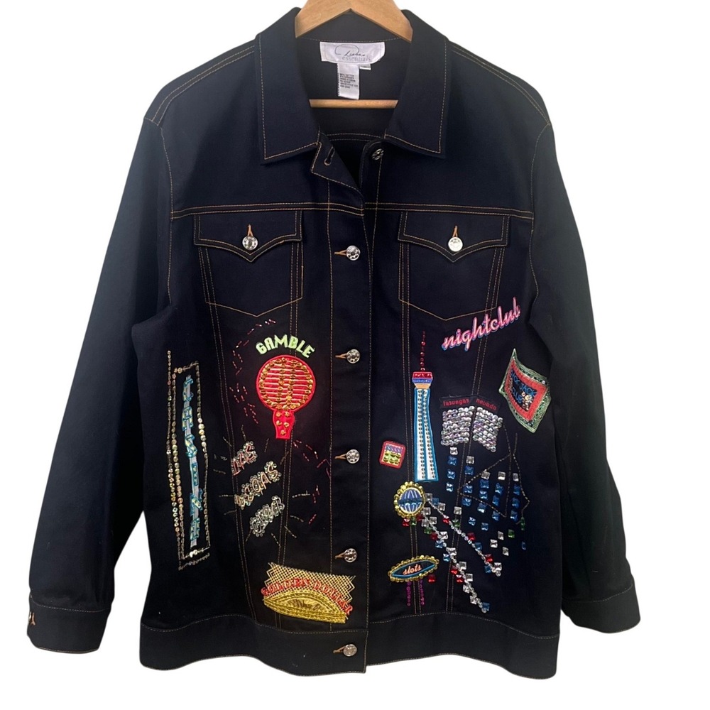 Diane's Essentials Black Novelty Las Vegas Gambling Sequin Beaded Jean Jacket 1X